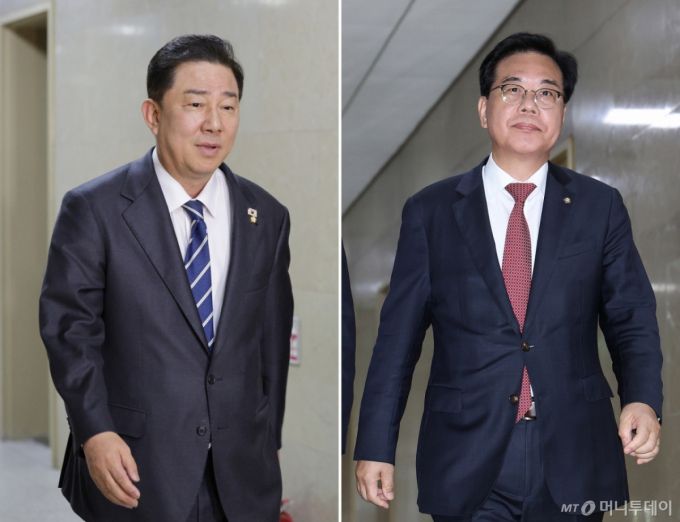 (서울=뉴스1) 신웅수 기자 = 김병기 더불어민주당 원내대표(왼쪽), 송언석 국민의힘 원내대표가 9일 오후 서울 여의도 국회에서 여야 원내대표 회동을 위해 운영위원장실로 들어서고 있다. 2025.9.9/뉴스1  Copyright (C) 뉴스1. All rights reserved. 무단 전재 및 재배포,  AI학습 이용 금지. /사진=(서울=뉴스1) 신웅수 기자