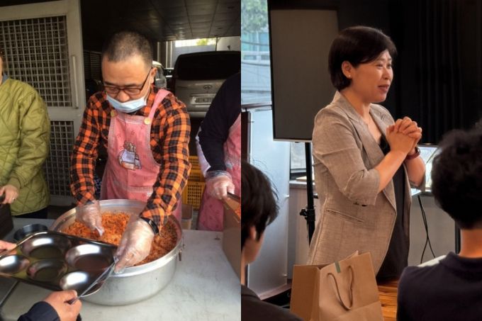 제37회 아산상 사회봉사상 수상자 김현일·김옥란 부부. (왼쪽부터) 노숙인 무료급식소 '바하밥집'에서 배식을 하고 있는 김현일 씨와 '푸른고래 리커버리센터'에서 고립 청년들과 대화를 나누고 있는 김옥란 씨 모습. /사진제공=아산사회복지재단 제공