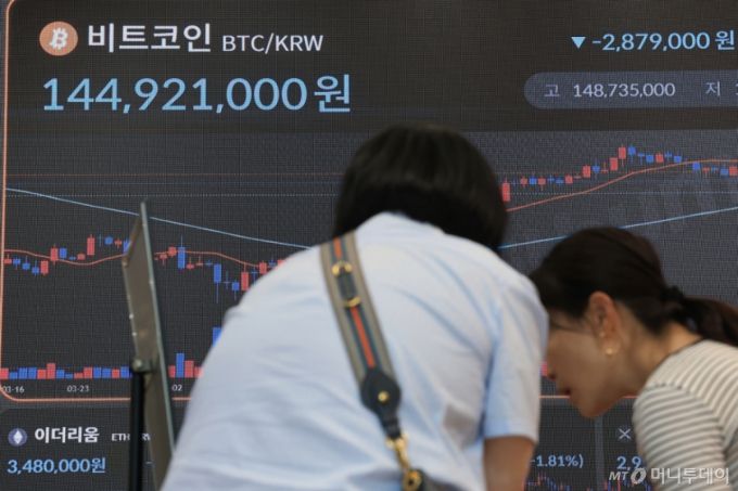 (서울=뉴스1) 박정호 기자 = 이스라엘이 이란을 공습했다는 소식에 위험자산에 대한 투자 심리가 급격히 얼어붙으며 비트코인(BTC) 가격이 하루 만에 10만 3000달러까지 급락한 13일 오후 서울 서초구 빗썸라운지 전광판에 비트코인 등 가상자산 시세가 표시되고 있다. 2025.6.13/뉴스1  Copyright (C) 뉴스1. All rights reserved. 무단 전재 및 재배포,  AI학습 이용 금지. /사진=(서울=뉴스1) 박정호 기자