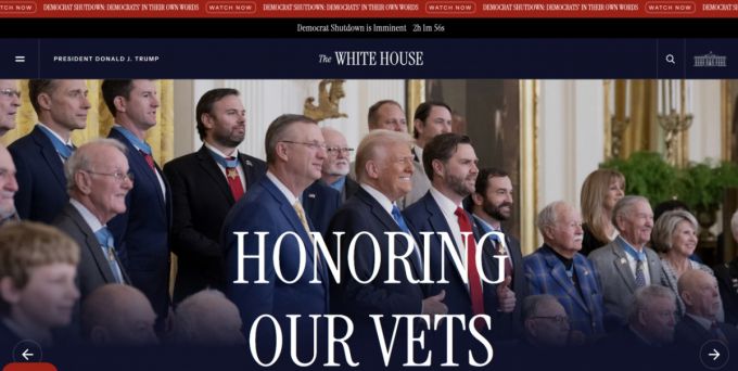 30일(현지시간) 미국 정부 셧다운을 앞두고 정부 폐쇄를 민주당의 폐쇄로 규정한 문구가 백악관 홈페이지에 게시됐다.
