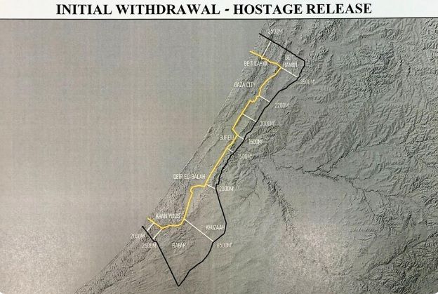 도널드 트럼프 미국 대통령이 4일(현지시간) 소셜미디어 트루스소셜에 이스라엘이 1단계 병력철수선에 동의했다며 관련 지도 사진을 올렸다. /트럼프 대통령 SNS  게시글 캡쳐