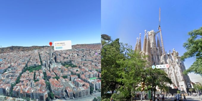 갤럭시 XR로 스페인 바르셀로나의 사그라다 파밀리아성당을 '이머시브 뷰'(왼쪽)와 '스트리트 뷰'로 보는 모습./사진=갤럭시 XR 캡처
