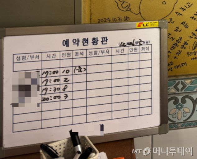 26일 서울 강서구 한 식당의 예약현황판 모습. 5년전까지 연말 예약 손님은 하루 10팀이 넘었지만 올해는 4~5팀 수준을 유지하고 있다. /사진=최문혁 기자.