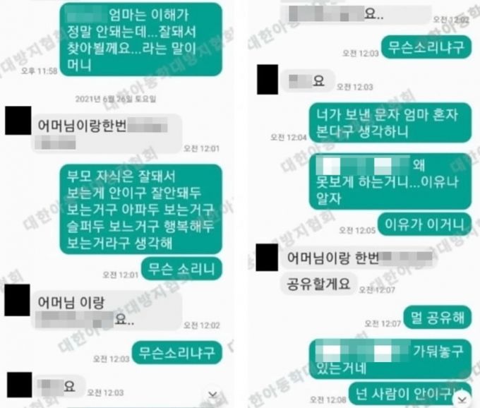 20개월 여아를 강간 살해한 양모씨(29)가 범행 전 동거녀 모친에게 보낸 메시지. /사진=대한아동학대방지협회