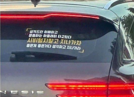 차량 뒷유리에 '시비 걸지 말라'는 내용의 경고성 문구가 적힌 스티커를 붙인 모습이 보는 이들의 눈살을 찌푸리게 했다./사진=온라인 커뮤니티 '보배드림'