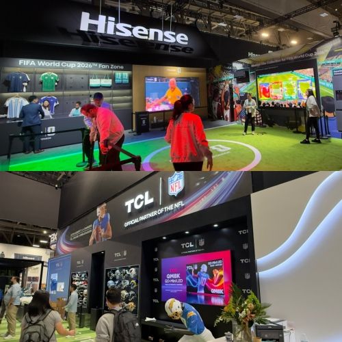 미국 라스베이거스에서 열린 CES 2026에서 스포츠 마케팅을 적극적으로 활용 중인 중국 하이센스(왼쪽)와 TCL(오른쪽) 전시관 모습 /사진=김남이
