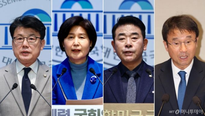 [서울=뉴시스] 고승민 김명년 기자 = 내달 11일 치러지는 더불어민주당 원내대표 보궐선거에 3선 의원 4파전 구도가 형성됐다. 이미 출마를 선언한 진성준(3선) 의원에 이어 박정(3선)·백혜련(3선) 의원이 2일 서울 여의도 국회 소통관에서 연달아 출마선언을 했다. 한병도 의원(3선)도 출마선언에 나설 계획으로 알려졌다. 사진 왼쪽부터 진성준·박정·백혜련·한병도 더불어민주당 의원. 2026.01.02. photo@newsis.com /사진=고승민