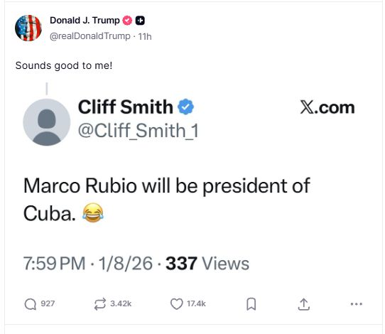 마크 루비오 국무장관이 다음 쿠바 대통령이 될 수 있다는 글을 공유하며 "좋은 생각"이라고 자신의 코멘트를 덧붙인 도널드 트럼프 대통령/사진=트루스소셜.