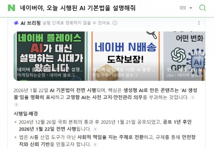 네이버의 AI 서비스 AI 브리핑에 '실험 단계로 정확하지 않을 수 있다'는 메시지가 적혀있다./사진=화면 캡처