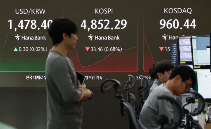 (서울=뉴스1) 최지환 기자 = 그린란드 사태 충격으로 미국 증시가 일제히 급락한 21일 오전 서울 중구 하나은행 본점 딜링룸 전광판에 코스피 지수가 전 거래일 대비 33.46p(0.68%) 하락한 4,852.29를 기록하고 있다. 2026.1.21/뉴스1  Copyright (C) 뉴스1. All rights reserved. 무단 전재 및 재배포,  AI학습 이용 금지. /사진=(서울=뉴스1) 최지환 기자