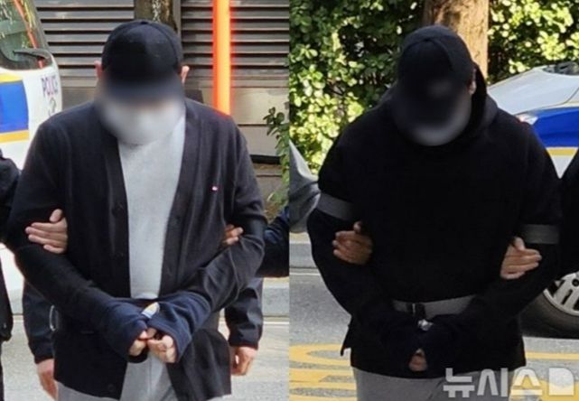 인천 한 아파트 지하 주차장에서 인터넷 방송인 '수탉'을 납치 후 살해하려고 한 혐의를 받는 남성 2명의 모습. /사진=뉴시스