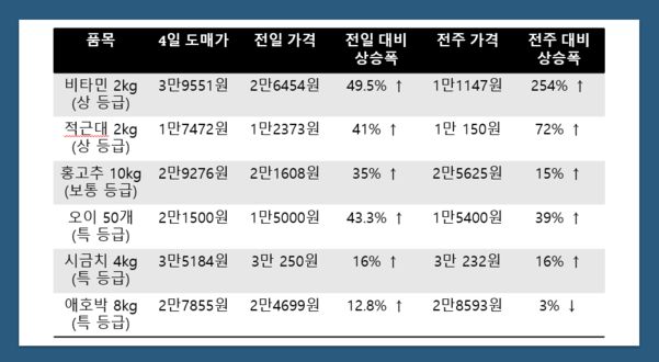 8월 4일 주요 농산물 도매 가격./서울시농수산식품공사