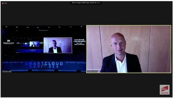 세바스천 스룬 유다시티 회장이 미국 현지에서 실시간으로 접속해 기조연설하고 있다./조선비즈 유튜브