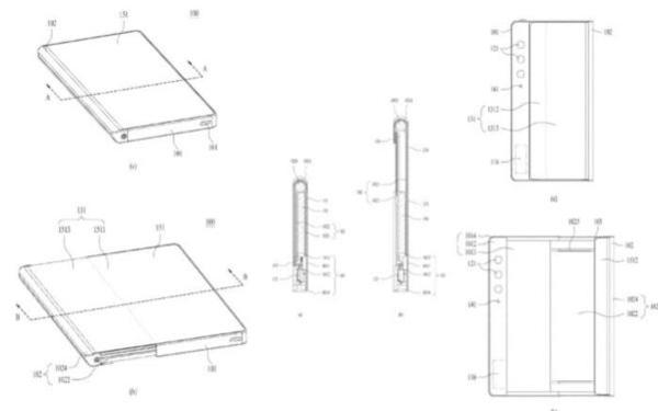 특허청 사이트에 공개된 LG전자 롤러블 스마트폰의 구조. 평상시엔 돌돌 말려 있는 액정이 오른쪽 화면을 당기면 말려나와 커진다. /키프리스