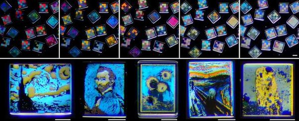 공액 고분자 입자 여러개의 구조색을 임의로 조절해 작은 크기의 명화를 그린 모습. 입자(픽셀) 하나당 200~300nm 크기다./UNIST 제공