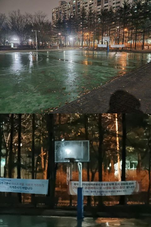갤럭시S21 울트라로 촬영한 아파트 단지 내 농구장 모습(위). 아래는 같은 거리에서 줌을 활용해 촬영한 농구대 모습.