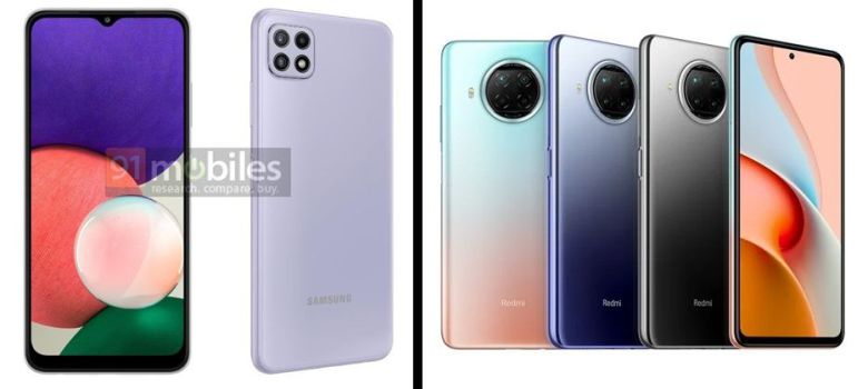삼성전자의 갤럭시A22 5G의 예상 이미지(왼쪽)와 샤오미의 홍미노트9 프로 5G(오른쪽). /홈페이지 캡처