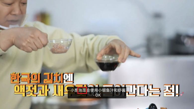 지난달 15일 네이버 '브이 라이브'에 방영된 BTS 웹예능 '달려라 방탄' 142화 캡처. '한국의 김치'라고 표현한 부분에서도 중국어 자막은 ‘파오차이(泡菜)’로 표기됐다.