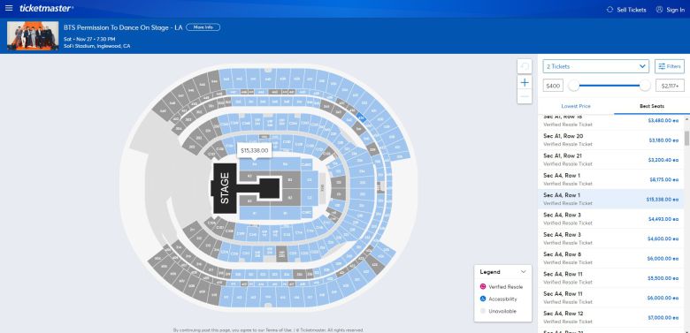 방탄소년단(BTS)의 LA 콘서트 티켓이 1800만원대에서 재판매되고 있다. /티켓마스터 홈페이지