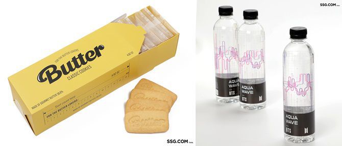 방탄소년단(BTS) 소속사인 하이브가 SSG닷컴과 협업한 ‘뱅앤베이커스 버터쿠키’와 ‘아쿠아웨이브 with BTS’ 생수. /SSG닷컴 제공