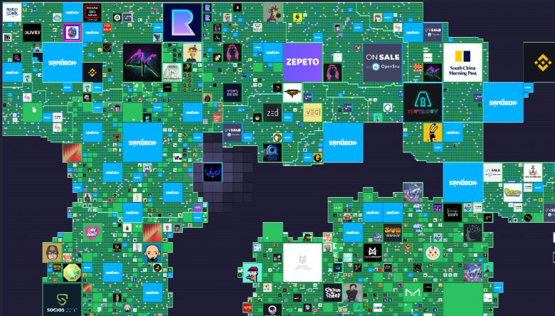 더샌드박스를 이루는 '랜드'의 일부 모습. 네이버 메타버스 플랫폼 제페토도 꽤 큰 공간을 확보하고 있다. /더샌드박스 제공