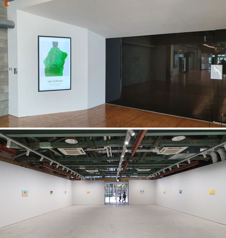 국제갤러리 부산점의 우고 론디노네 개인전 전시장(아래). 입구부터 암막 처리를 해 전시장 안이 들여다보이지 않는다(위). /부산=노자운 기자