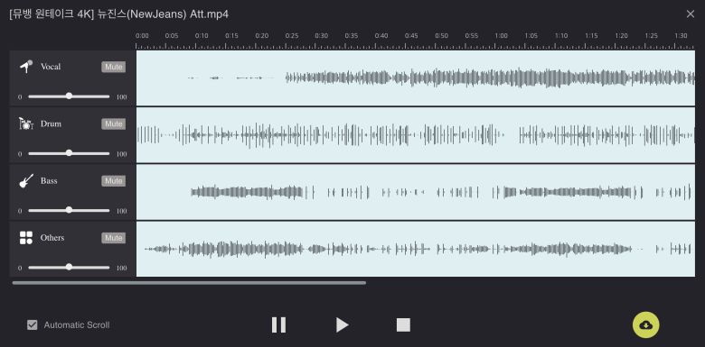 가우디오랩의 기술로 아이돌그룹 뉴진스의 신곡 'Attention'을 악기별로 분리한 모습. /가우디오랩 홈페이지 캡처
