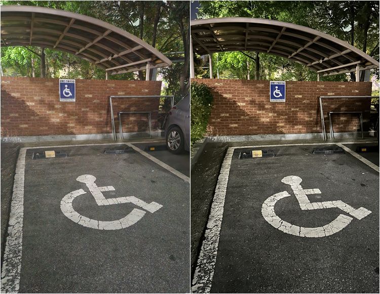 야간모드 촬영 비교. 갤럭시S22 플러스(왼쪽), 아이폰14 프로. 아이폰14 프로의 사진이 야간에도 밝고 어두운 부분이 더 선명하게 촬영됐다. /박성우 기자