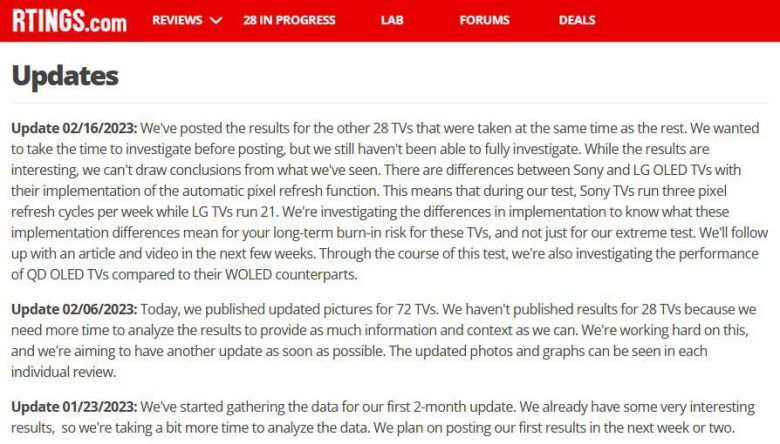 북미 IT 전문매체 알팅스가 정기적으로 업데이트하는 OLED TV 수명 테스트 결과./알팅스 캡처