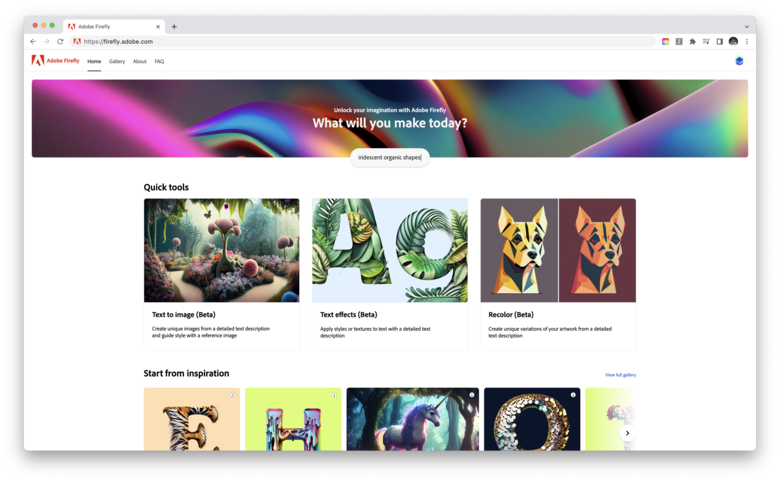 어도비가 21일(현지 시각) 홈페이지에 공개한 크리에이티브 생성형 AI 모델군 '파이어플라이'의 베타 버전. /어도비