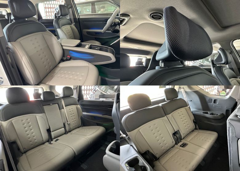 EV9 시트 1열(왼쪽 위), 1열 헤드레스트(오른쪽 위), 2열(왼쪽 아래), 3열(오른쪽 아래). /박진우 기자