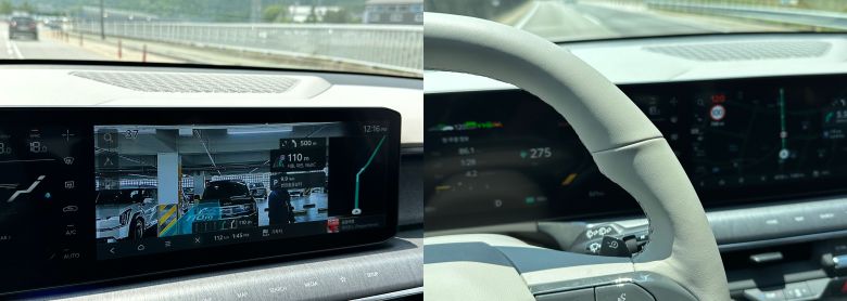 EV9 증강현실 내비게이션(왼쪽). 시승차는 소프트웨어 오류로 제대로 작동하지 않았다. 디스플레이에 표시되는 공조장치 조절부(오른쪽)는 운전대에 가려 잘 보이지 않았다. /박진우 기자