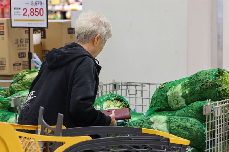 9일 오후 서울 시내 한 이마트를 찾은 시민이 배추를 고르고 있다. /연합뉴스