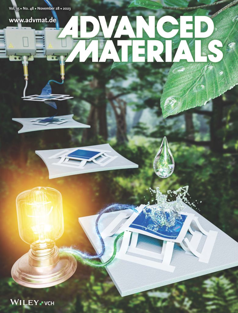 최동휘 경희대 기계공학과 교수 연구진이 국제학술지 '어드밴스드 머티리얼스'에 게재한 표지. 압축 좌굴 기반의 신개념 4차원 프린팅 공정을 이용한 하이브리드 발전 소자 제작과 떨어지는 물방울에 의한 소자 작동 과정에 대한 개략도다./감동익 경희대 기계공학과 박사과정생