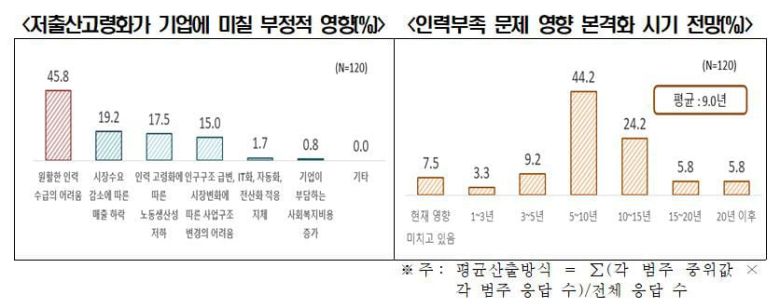 저출산고령화가 기업에 미칠 부정적 영향및  인력부족 문제 영향 본격화 시기 전망 응답 결과. /한국경제인협회 제공