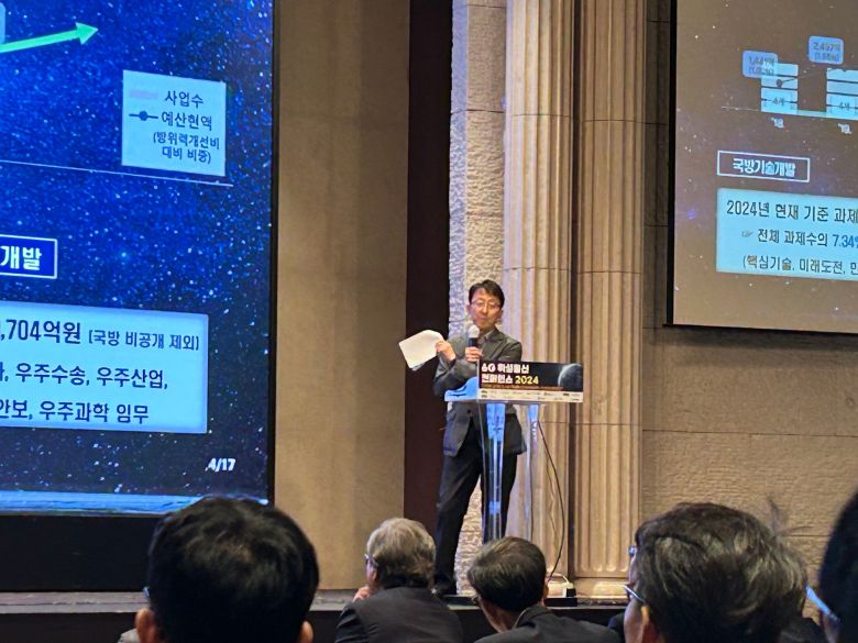 최성훈 방사청 팀장이 16일 '6G 위성통신 컨퍼런스 2024'에서 발표하고 있다./김민국 기자