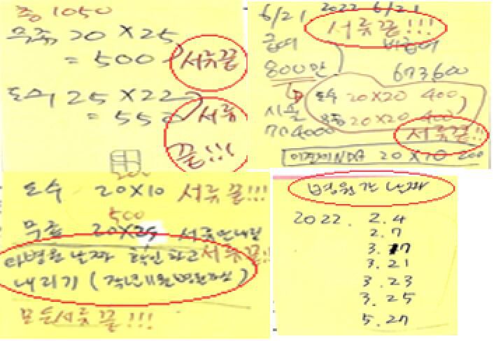 피부미용 시술을 도수·무좀치료로 둔갑해 실손보험금을 가로챈 의사 A씨와 병원 직원들의 메모. 이들은 허위로 진료기록을 발급하고, 이를 '서류 끝'으로 분류해 관리했다. 이들은 가짜환자가 과거에 다른 병원에서 치료했던 날짜에 허위 진료기록이 발급되지 않도록 ‘타병원 날짜 확인하고 (허위서류) 내리기’라고 메모하기도 했다. /금융감독원
