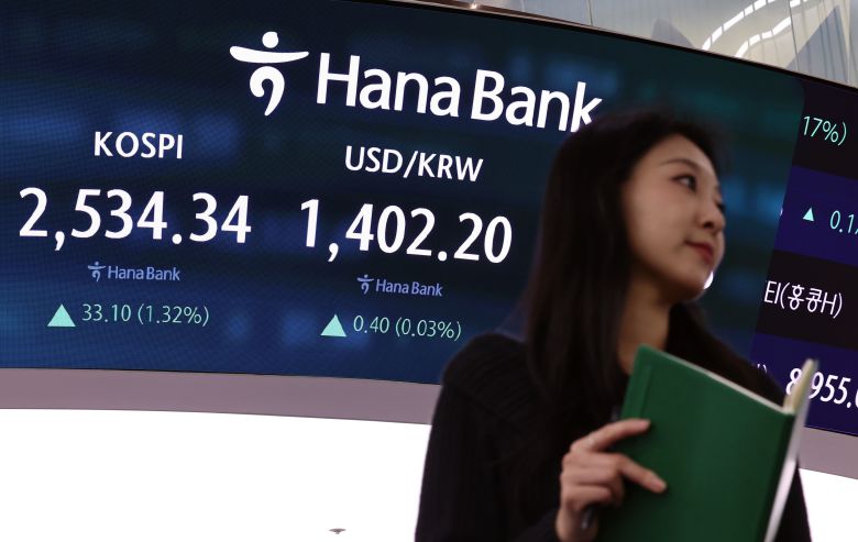 25일 오후 서울 중구 하나은행 본점 딜링룸 전광판에 코스피 지수가 전 거래일 대비 33.1포인트(1.32%) 오른 2534.34를 나타내고 있다. /뉴스1
