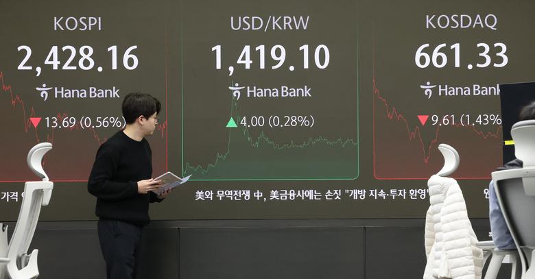 6일 오후 서울 중구 하나은행 본점 딜링룸 전광판에 코스피 지수가 표시되고 있다. /뉴스1