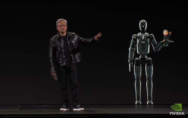 젠슨 황 엔비디아 최고경영자(CEO)가 6일(현지시각) 미국 라스베이거스 만달레이베이 컨벤션센터에서 ‘CES 2025’ 기조연설을 하고 있다./엔비디아