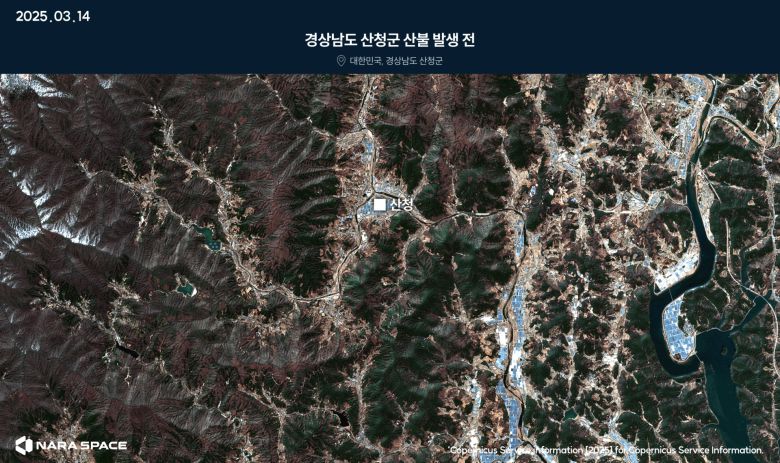 지난달 21일 오후 경남 산청군에서 발생한 산불은 인근 지역인 하동까지 확산하며 피해를 키웠다. 산림청은 같은 달 24일 기준 진화율이 70%에 이른다고 밝혔지만 그 뒤 곳곳에서 재발화하면서 피해 면적이 늘어난 것으로 나타났다. 실제 인공위성 사진을 분석한 결과 24일까지 산청의 피해 면적은 15.29㎢로 나타났다. 하지만 불이 북쪽과 남쪽으로 확산하면서 1일에는 피해 면적이 21.63㎢로 늘어난 것으로 분석됐다.  /ESA, 나라스페이스