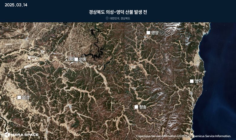 지난달 22일 경북 의성에서 시작된 산불은 24일까지만 해도 이 지역에선 산불이 다른 지역으로 번지지 않았다. 하지만 불이 초속 15m 서풍을 타고 번지며 안동을 넘어 청송, 영양, 영덕까지 급격히 확산한 것을 확인했다. /ESA, 나라스페이스