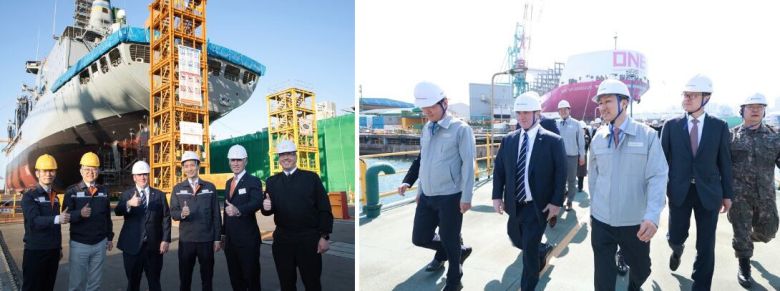 존 펠런 미국 해군성 장관이 4월 30일 한화오션 거제사업장과 HD현대중공업 울산조선소를 둘러봤다. 왼쪽 사진은 펠런(왼쪽 세번째) 장관과 김동관(왼쪽 네번째) 한화그룹 부회장, 오른쪽 사진은 펠런 장관과 정기선(앞줄 오른쪽) HD현대 수석부회장이 만난 모습./한화오션 HD현대 제공