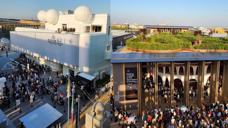 '2025 오사카 엑스포' 국가관에 들어가기 위해 관람객들이 기다리고 있다. 왼쪽부터 벨기에관, 이탈리아관. /이인아 기자