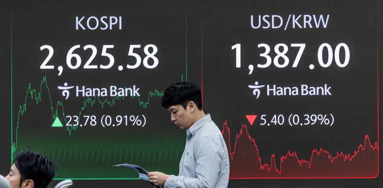 21일 서울 중구 하나은행 딜링룸 화면에 이날 거래를 마감한 코스피와 원·달러 거래가가 표시돼 있다. /연합뉴스