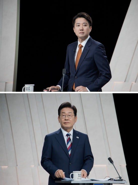 이준석 개혁신당 후보(위)와 이재명 민주당 후보가 '호텔경제학'을 두고 27일 토론에서 다시 한 번 설전을 벌였다. /뉴스1