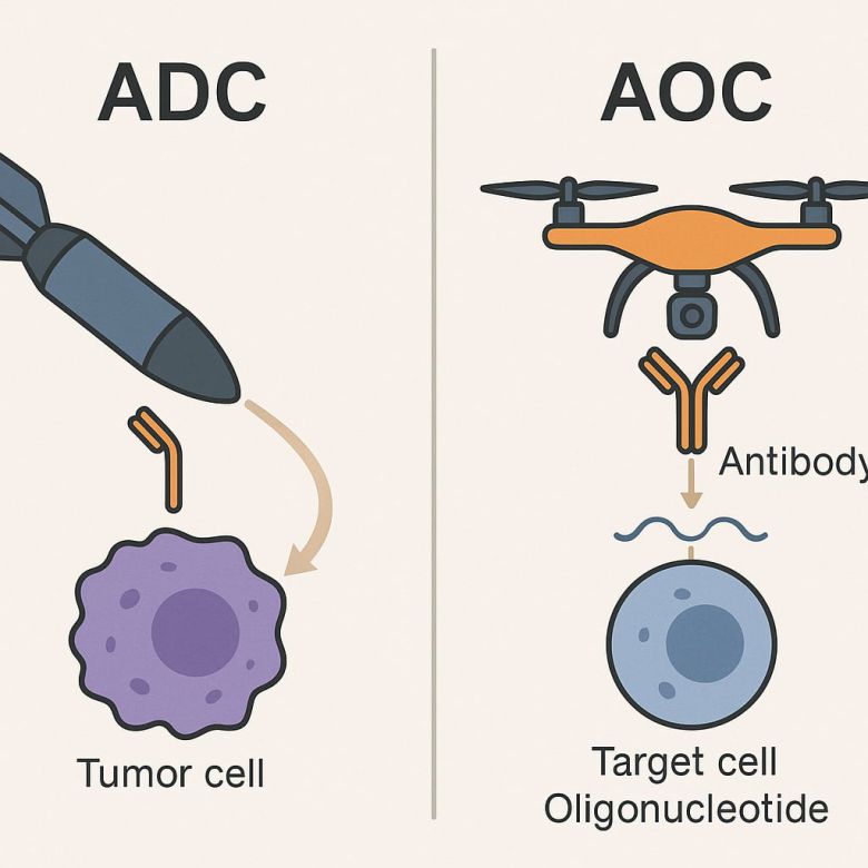 AOC는 항체(antibody)에 RNA 치료제(올리고뉴클레오타이드)를 붙여 목표하는 특정 세포에 들어가 유전자의 발현을 조절하는 기술이다. /일러스트=챗GPT