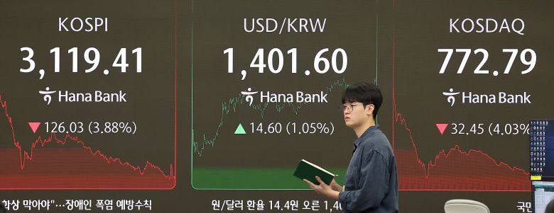 1일 오후 서울 중구 하나은행 딜링룸 전광판에 마감 시황이 나오고 있다. 이날 코스피 지수는 전 거래일 대비 126.03포인트(3.88%) 내린 3119.41로, 코스닥은 전 거래일 대비 32.45포인트(4.03%) 내린 772.79로 장을 마쳤다. 외환시장에서 원·달러 환율은 전 거래일보다 14.60원 오른 1401.60원을 나타내고 있다. /뉴스1