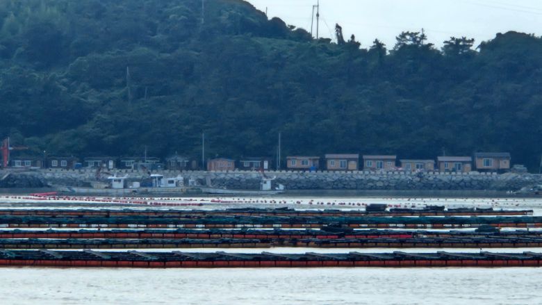 전남의 한 김 양식장. 건너편 섬 외곽에 단층 가건물이 줄지어 있다./박성우 기자