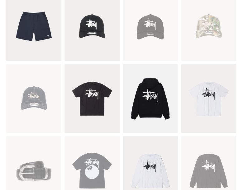 스투시의 시그니처 로고가 들어간 모자, 티셔츠, 후드티 등 각종 제품들. /스투시 공식 홈페이지 캡처
